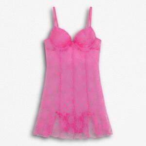 Neon Pink Floral Lace‎ Underwire Chemise Babydoll Lingerie
